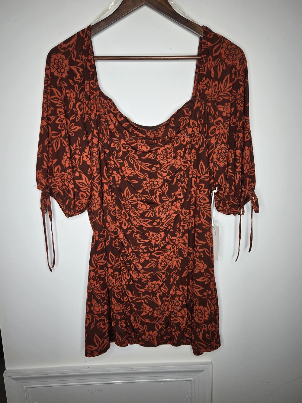 NWT Luna Floral Ruched Puff Sleeve Square Neck Boho Blouse Top Brown Orange  3X